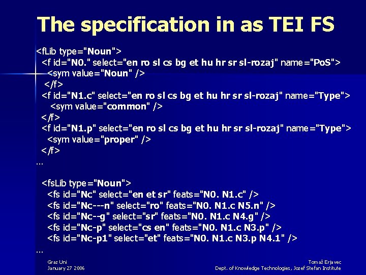 The specification in as TEI FS <f. Lib type="Noun"> <f id="N 0. " select="en