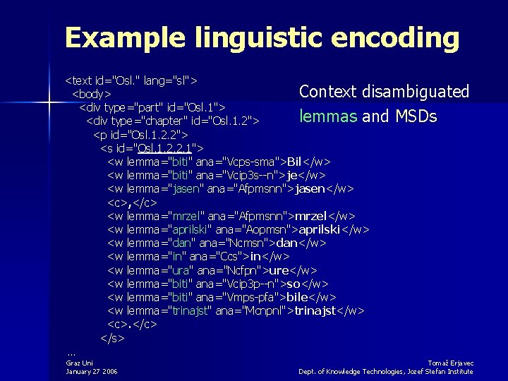 Example linguistic encoding <text id="Osl. " lang="sl"> Context disambiguated <body> <div type="part" id="Osl. 1">