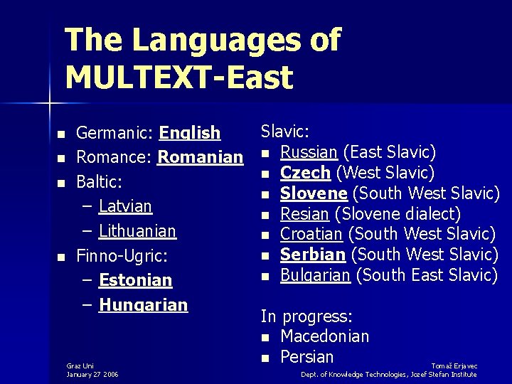 The Languages of MULTEXT-East Slavic: Germanic: English n Romance: Romanian n Russian (East Slavic)