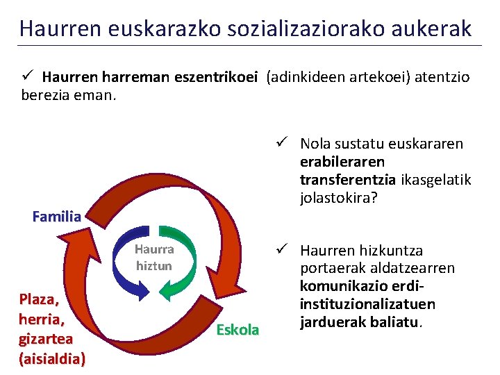 Haurren euskarazko sozializaziorako aukerak ü Haurren harreman eszentrikoei (adinkideen artekoei) atentzio berezia eman. ü