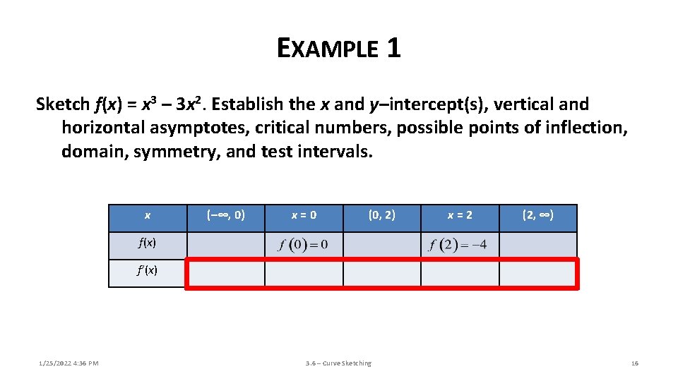 EXAMPLE 1 Sketch f(x) = x 3 – 3 x 2. Establish the x EXAMPLE 1 Sketch f(x) = x 3 – 3 x 2. Establish the x