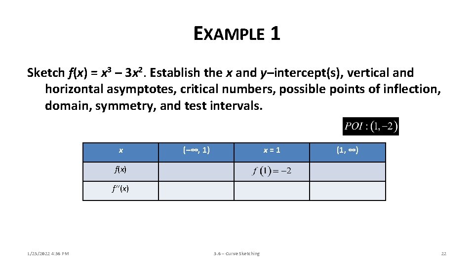 EXAMPLE 1 Sketch f(x) = x 3 – 3 x 2. Establish the x EXAMPLE 1 Sketch f(x) = x 3 – 3 x 2. Establish the x