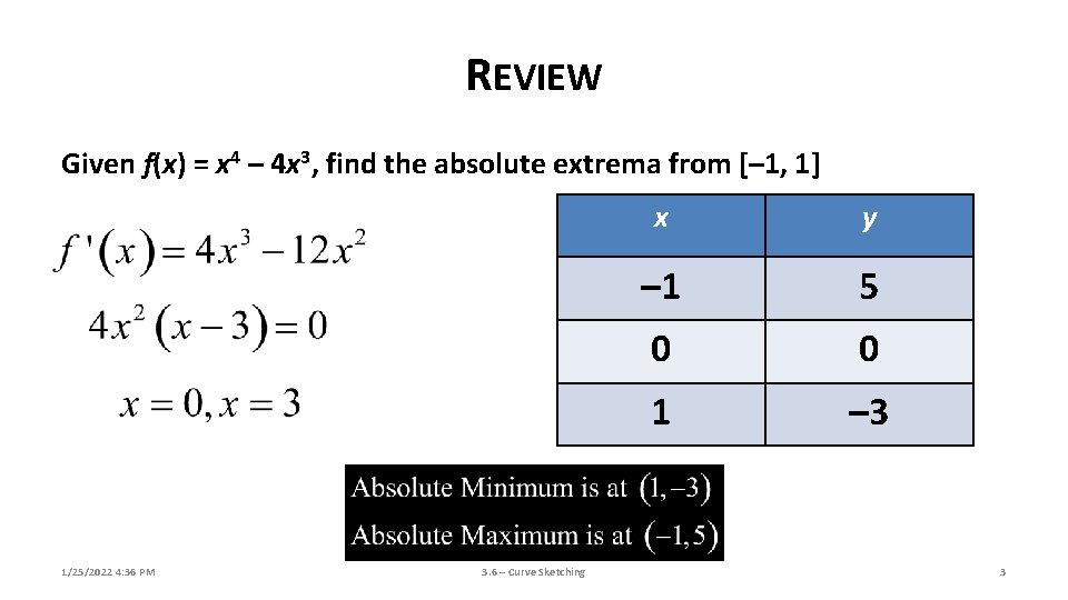 REVIEW Given f(x) = x 4 – 4 x 3, find the absolute extrema REVIEW Given f(x) = x 4 – 4 x 3, find the absolute extrema