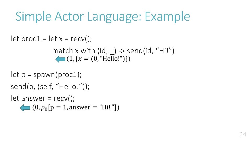 Simple Actor Language: Example let proc 1 = let x = recv(); match x