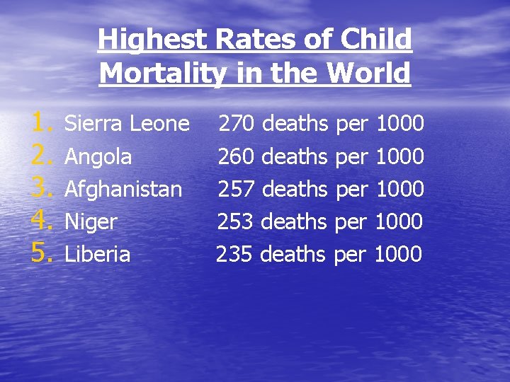 Highest Rates of Child Mortality in the World 1. 2. 3. 4. 5. Sierra