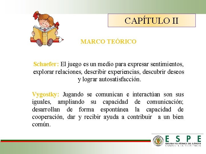 CAPÍTULO II MARCO TEÓRICO Schaefer: El juego es un medio para expresar sentimientos, explorar