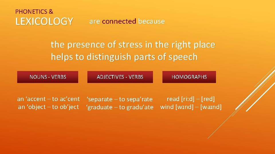 PHONETICS & LEXICOLOGY are connected because the presence of stress in the right place