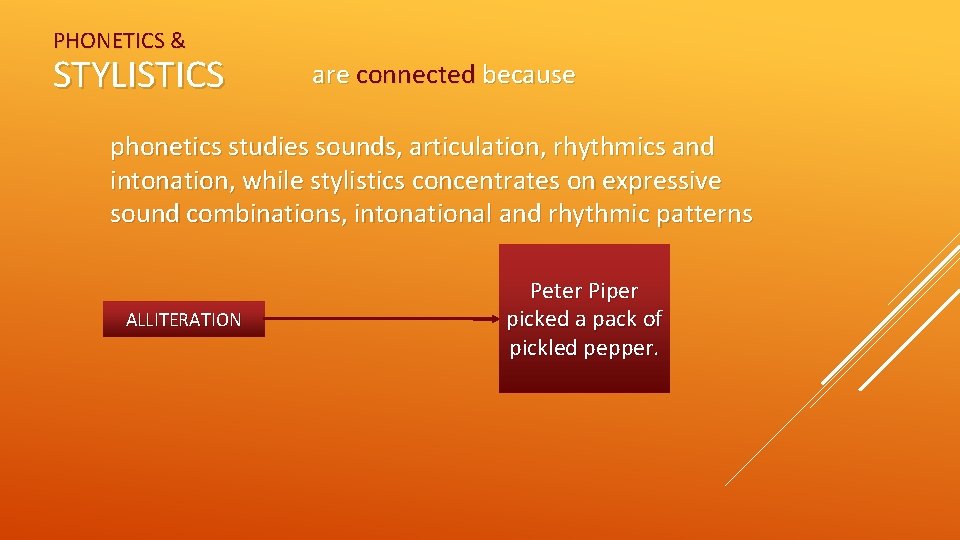 PHONETICS & STYLISTICS are connected because phonetics studies sounds, articulation, rhythmics and intonation, while