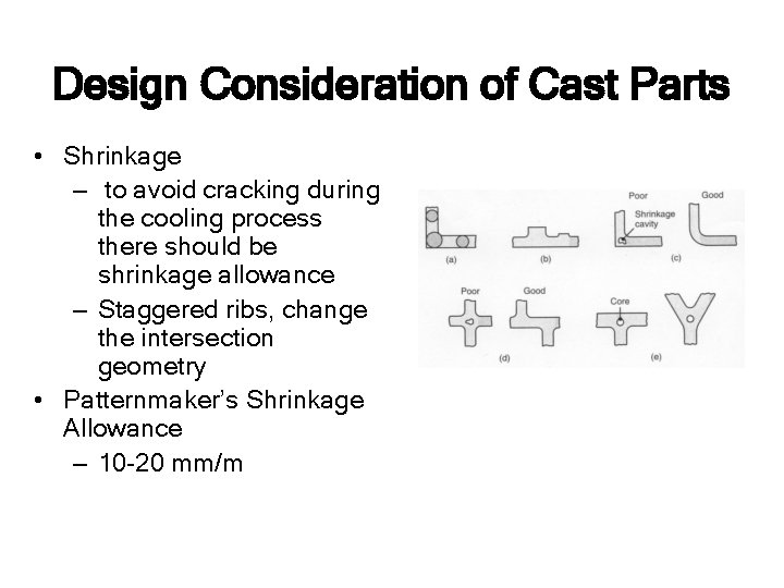 Design Consideration of Cast Parts • Shrinkage – to avoid cracking during the cooling