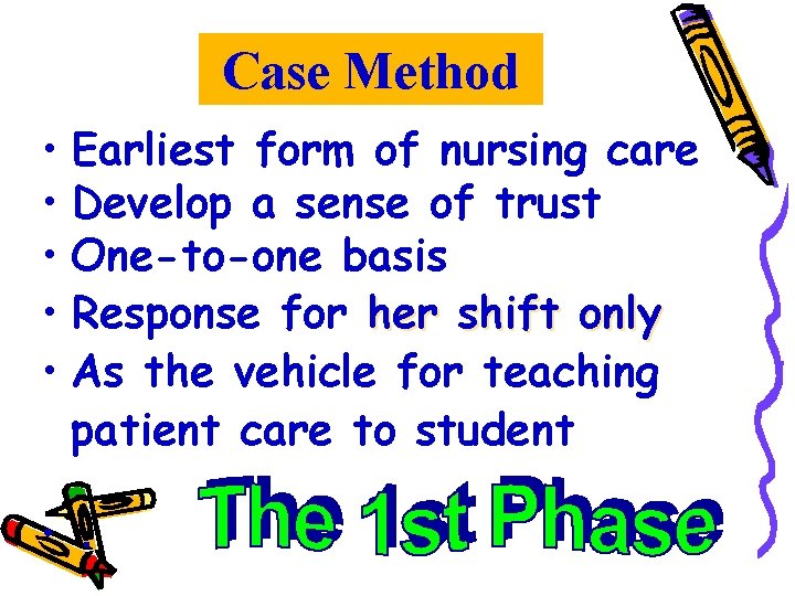 Case Method • Earliest form of nursing care • Develop a sense of trust