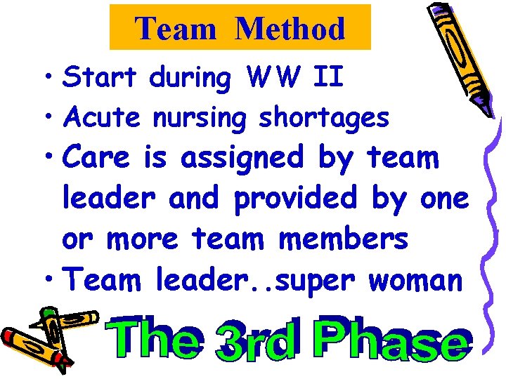 Team Method • Start during WW II • Acute nursing shortages • Care is