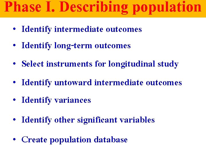 Phase I. Describing population • • Identify intermediate outcomes Identify long-term outcomes Select instruments