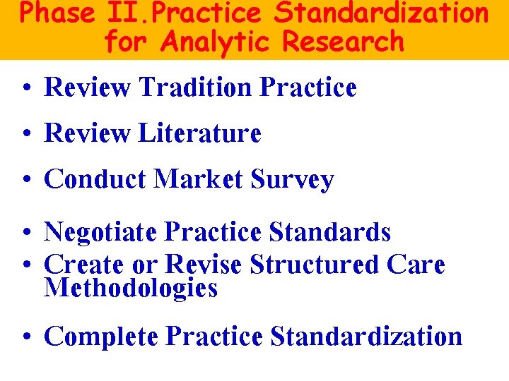 Phase II. Practice Standardization for Analytic Research • Review Tradition Practice • Review Literature