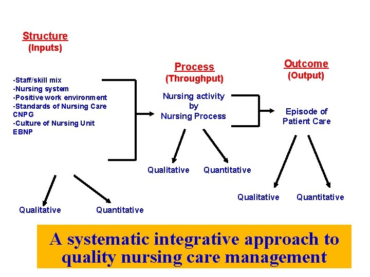Structure (Inputs) Outcome Process -Staff/skill mix -Nursing system -Positive work environment -Standards of Nursing