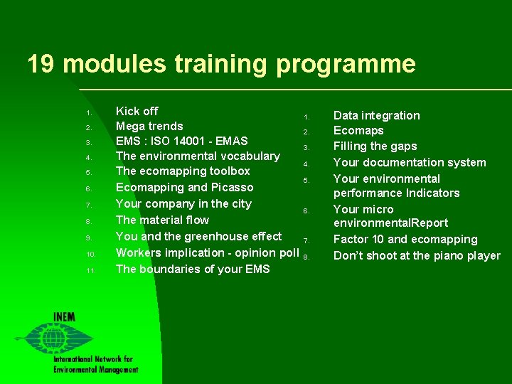 19 modules training programme 1. 2. 3. 4. 5. 6. 7. 8. 9. 10.