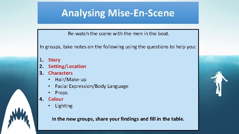 Analysing Mise-En-Scene Re-watch the scene with the men in the boat. In groups, take