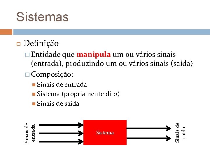 Sistemas Definição � Entidade que manipula um ou vários sinais (entrada), produzindo um ou
