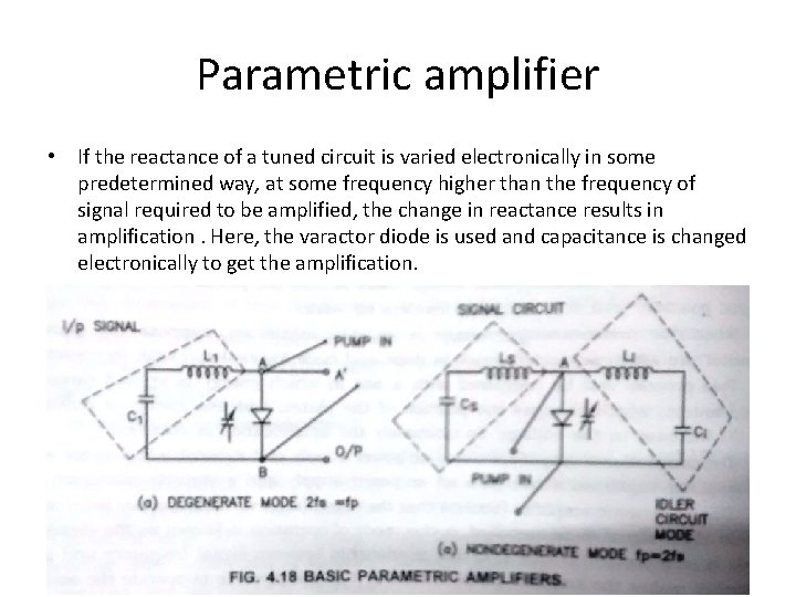 Parametric amplifier • If the reactance of a tuned circuit is varied electronically in