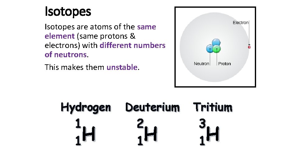 Isotopes are atoms of the same element (same protons & electrons) with different numbers