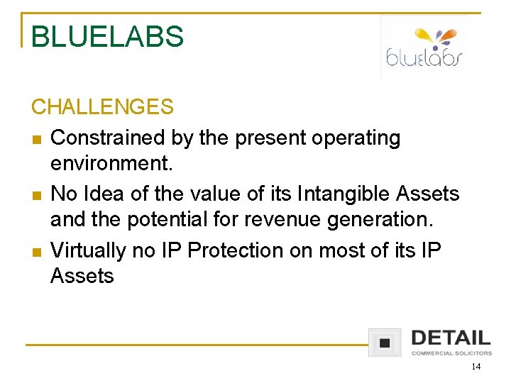 BLUELABS CHALLENGES n Constrained by the present operating environment. n No Idea of the