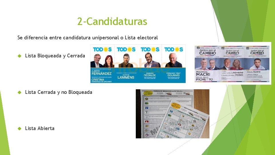 2 -Candidaturas Se diferencia entre candidatura unipersonal o Lista electoral Lista Bloqueada y Cerrada