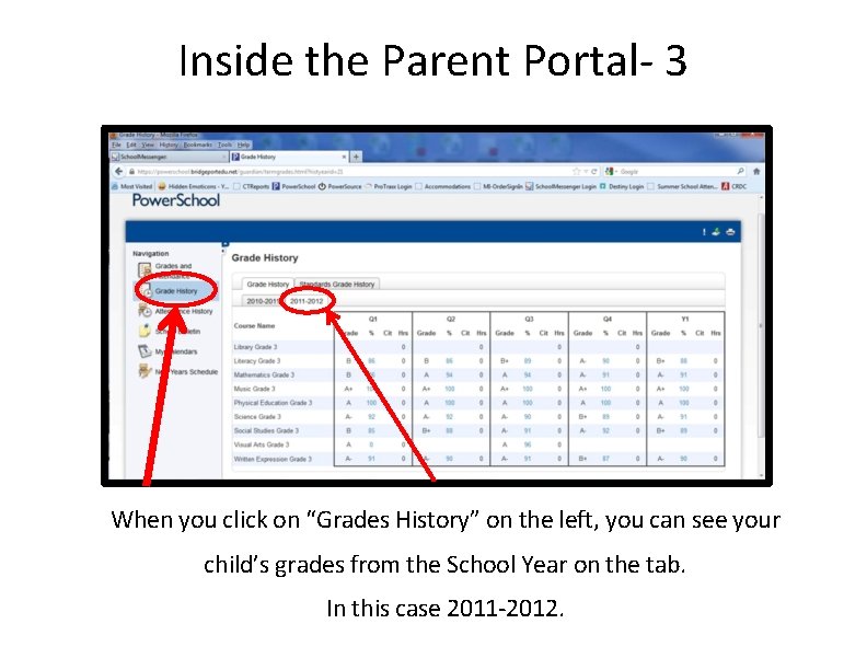 Inside the Parent Portal‐ 3 When you click on “Grades History” on the left,