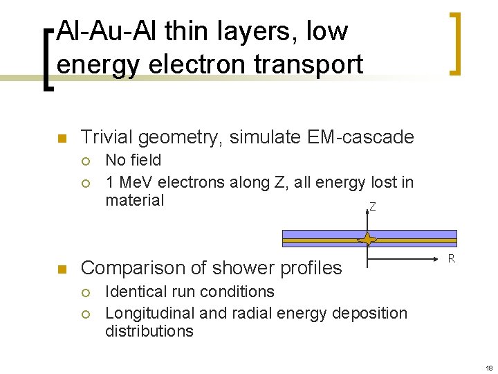 Al-Au-Al thin layers, low energy electron transport n Trivial geometry, simulate EM-cascade ¡ ¡