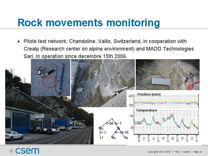 Rock movements monitoring • Pilote test network: Chandoline, Vallis, Switzerland, in cooperation with Crealp Rock movements monitoring • Pilote test network: Chandoline, Vallis, Switzerland, in cooperation with Crealp