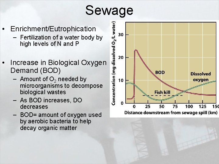 Sewage • Enrichment/Eutrophication – Fertilization of a water body by high levels of N