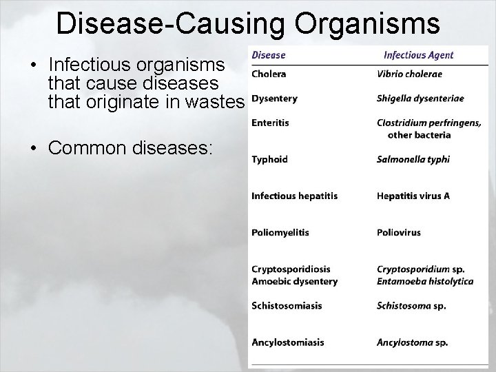 Disease-Causing Organisms • Infectious organisms that cause diseases that originate in wastes • Common