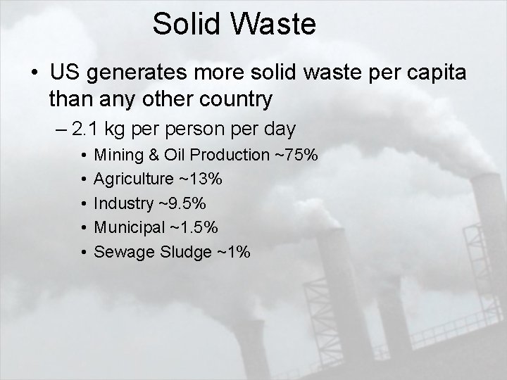 Solid Waste • US generates more solid waste per capita than any other country