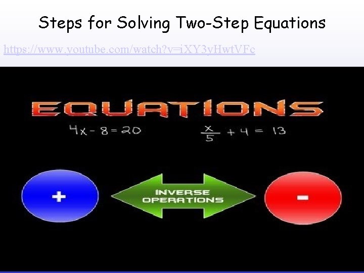 Steps for Solving Two-Step Equations https: //www. youtube. com/watch? v=i. XY 3 y. Hwt.