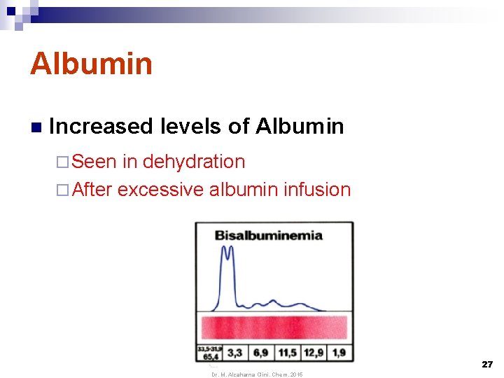 Albumin n Increased levels of Albumin ¨ Seen in dehydration ¨ After excessive albumin