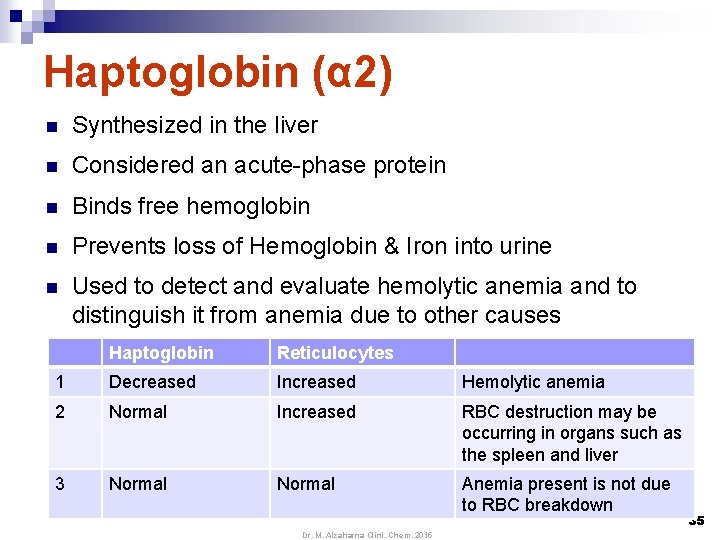 Haptoglobin (α 2) n Synthesized in the liver n Considered an acute-phase protein n