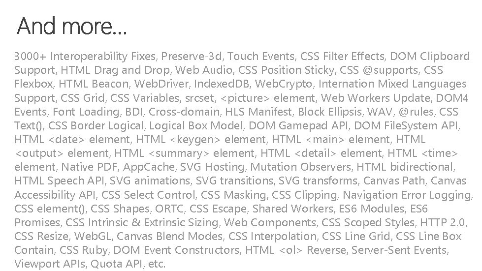 3000+ Interoperability Fixes, Preserve-3 d, Touch Events, CSS Filter Effects, DOM Clipboard Support, HTML