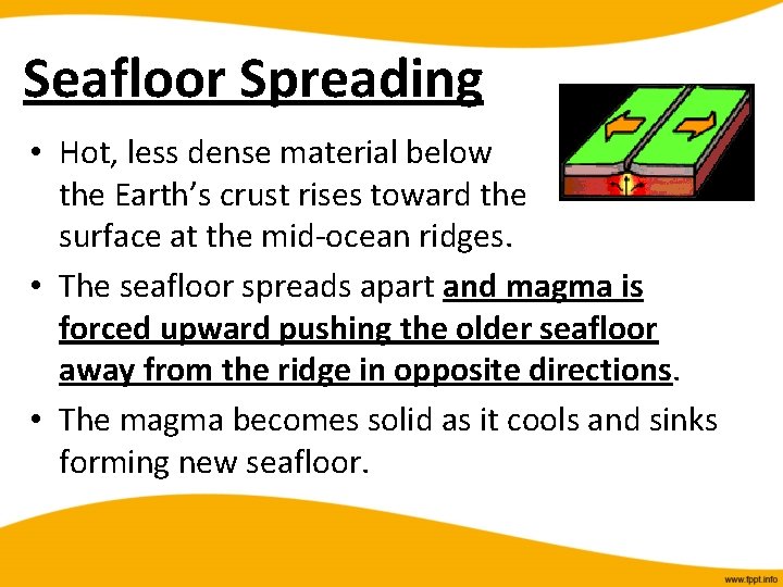 Seafloor Spreading • Hot, less dense material below the Earth’s crust rises toward the