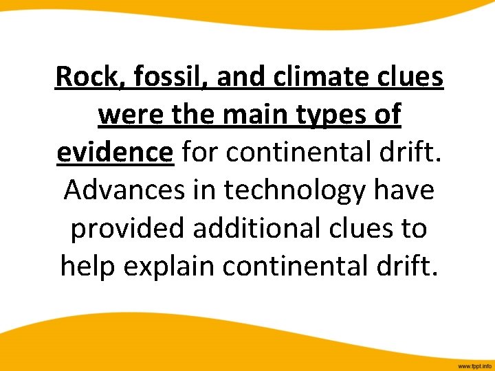 Rock, fossil, and climate clues were the main types of evidence for continental drift.