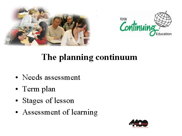 The planning continuum • • Needs assessment Term plan Stages of lesson Assessment of
