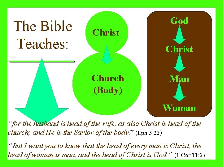 The Bible Teaches: God Christ Church (Body) Man Woman “for the husband is head