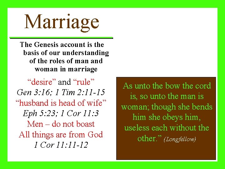 Marriage The Genesis account is the basis of our understanding of the roles of