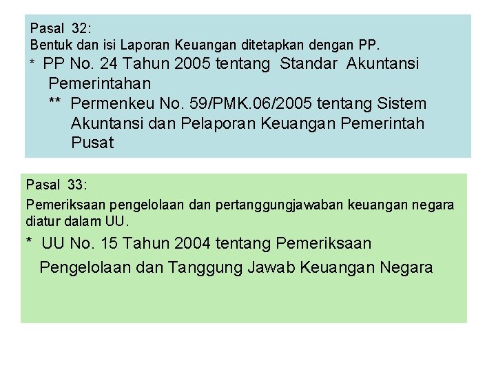 Pasal 32: Bentuk dan isi Laporan Keuangan ditetapkan dengan PP. * PP No. 24