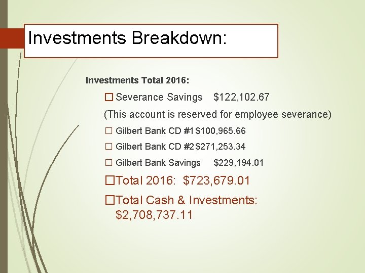 Investments Breakdown: Investments Total 2016: � Severance Savings $122, 102. 67 (This account is