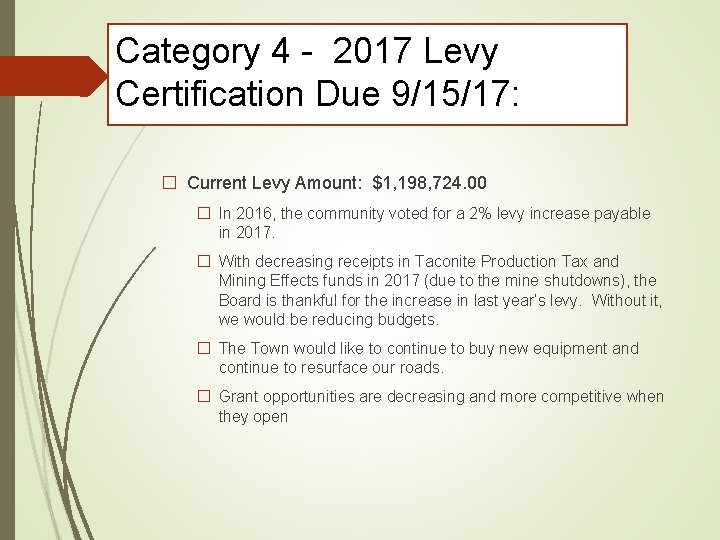Category 4 - 2017 Levy Certification Due 9/15/17: � Current Levy Amount: $1, 198,