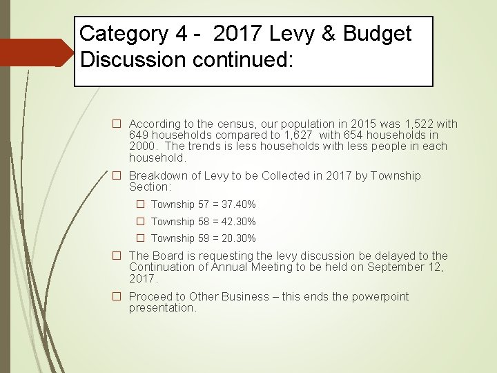 Category 4 - 2017 Levy & Budget Discussion continued: � According to the census,