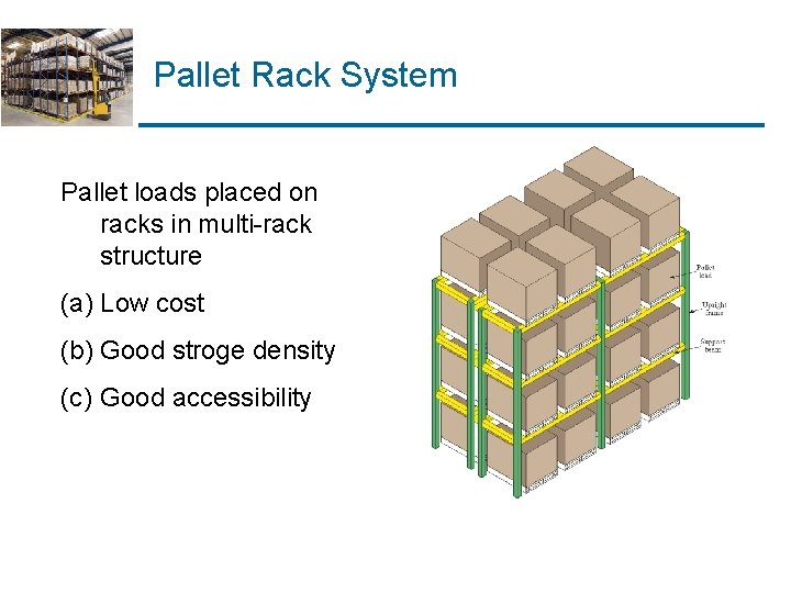 Pallet Rack System Pallet loads placed on racks in multi-rack structure (a) Low cost Pallet Rack System Pallet loads placed on racks in multi-rack structure (a) Low cost