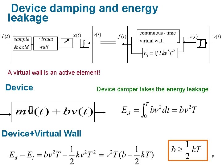 Device damping and energy leakage A virtual wall is an active element! Device damper