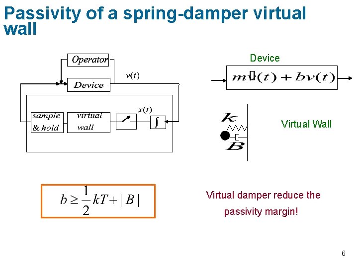 Passivity of a spring-damper virtual wall Device Virtual Wall Virtual damper reduce the passivity