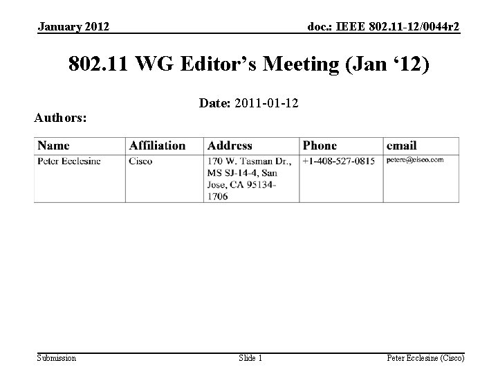 January 2012 doc. : IEEE 802. 11 -12/0044 r 2 802. 11 WG Editor’s