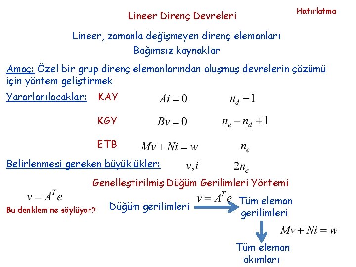 Hatırlatma Lineer Direnç Devreleri Lineer, zamanla değişmeyen direnç elemanları Bağımsız kaynaklar Amaç: Özel bir