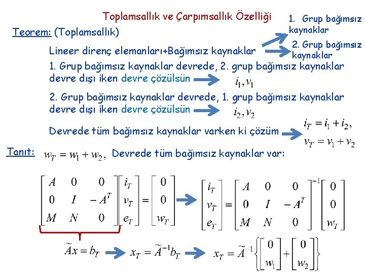 Toplamsallık ve Çarpımsallık Özelliği Teorem: (Toplamsallık) Lineer direnç elemanları+Bağımsız kaynaklar 1. Grup bağımsız kaynaklar